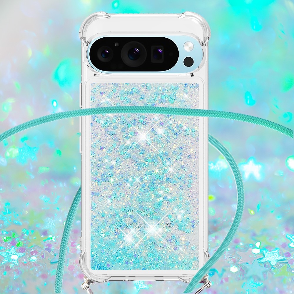 Csillogó homokóra zselés tok zsinórral a Google Pixel 10 Pro/Pixel 10 számára - kék/csillagok