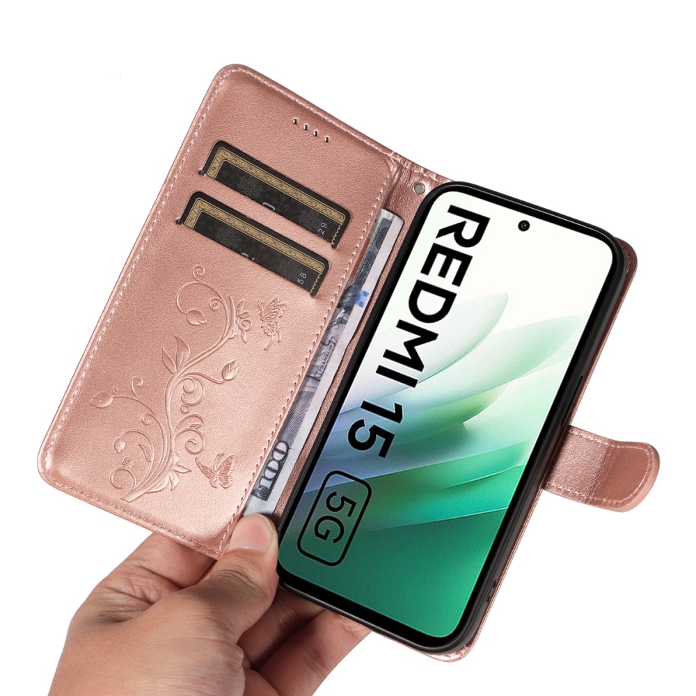 Virágok könyv tok Xiaomi Redmi 15 5G (169mm) - rózsa arany