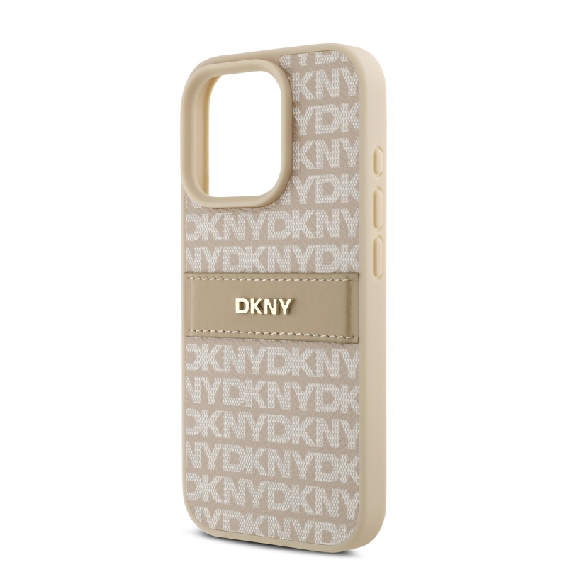 DKNY PU bőr ismétlődő mintás tonális csíkos hátsó borító iPhone 16 Pro Max rózsaszínhez