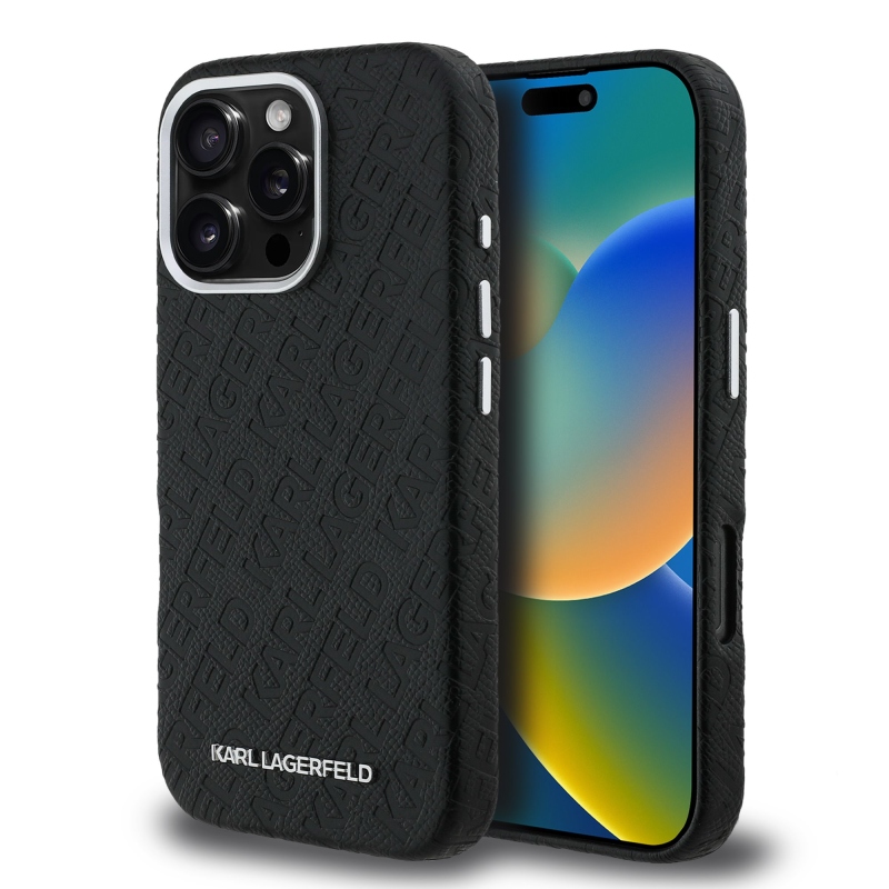 Karl Lagerfeld szemcsés PU ismétlődő logó MagSafe hátlap iPhone 16 Pro Max-hoz Fekete