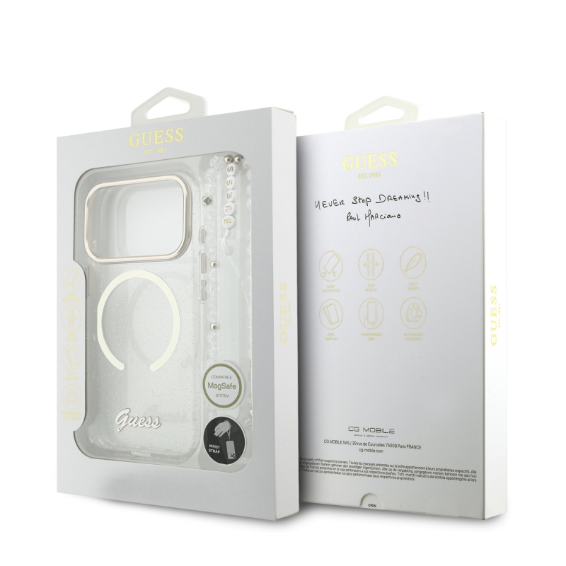 Guess IML Glitter Script Script Strap MagSafe hátlap iPhone 17 Pro átlátszóhoz