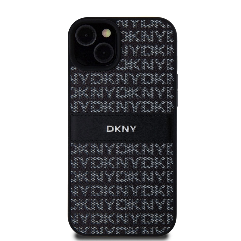 DKNY PU bőr ismétlődő mintás tonális csíkos hátlap iPhone 15 Plus-hoz Fekete