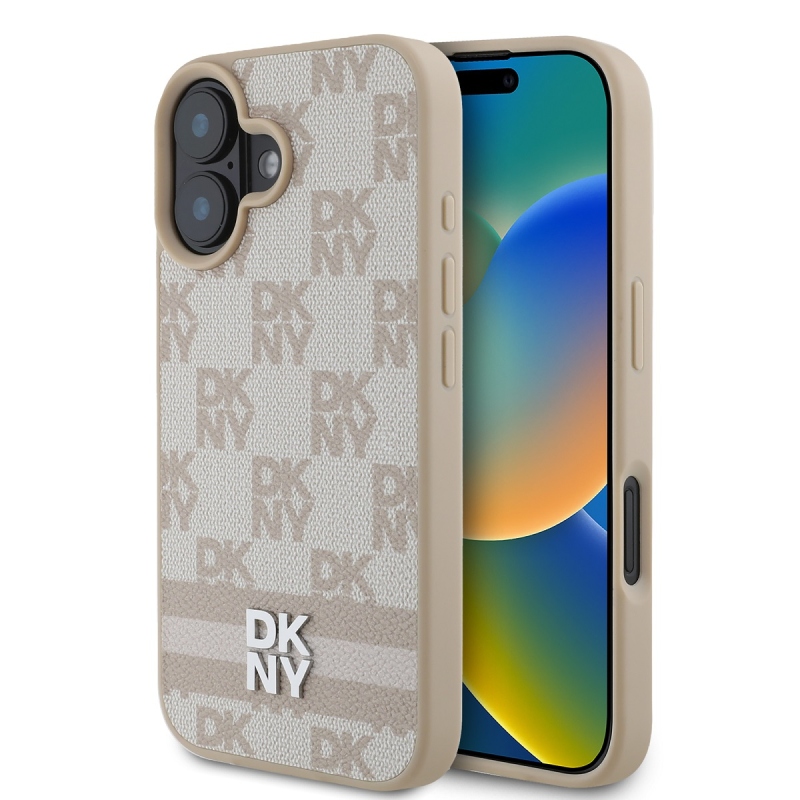 DKNY PU bőr kockás mintás és csíkos hátlapi borító iPhone 16 rózsaszínhez