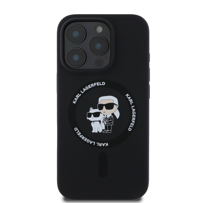 Karl Lagerfeld Folyékony szilikon Karl és Choupette MagSafe hátlap iPhone 16 Pro-hoz Fekete