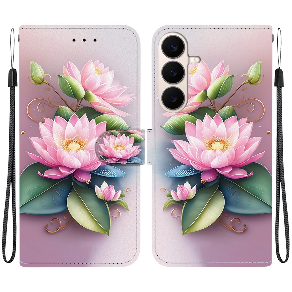 Sokoldalú könyvformájú tok a Samsung Galaxy S26 FE-hez – lótuszvirág