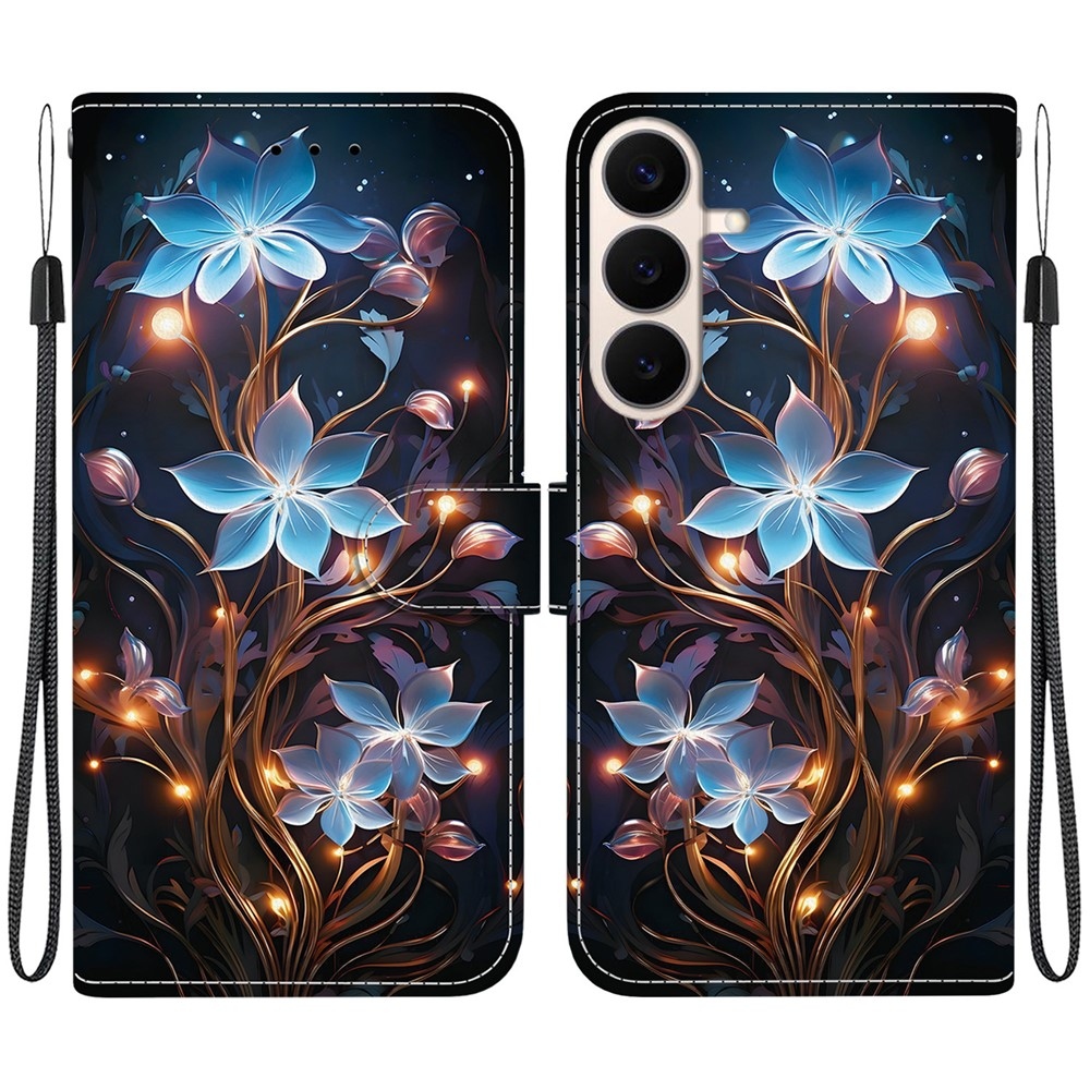 Sokoldalú könyvformájú tok a Samsung Galaxy S26 FE-hez – kék virágok