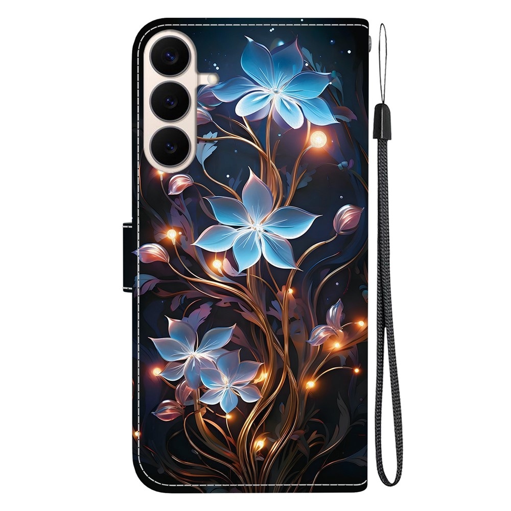 Sokoldalú könyvformájú tok a Samsung Galaxy S26 FE-hez – kék virágok