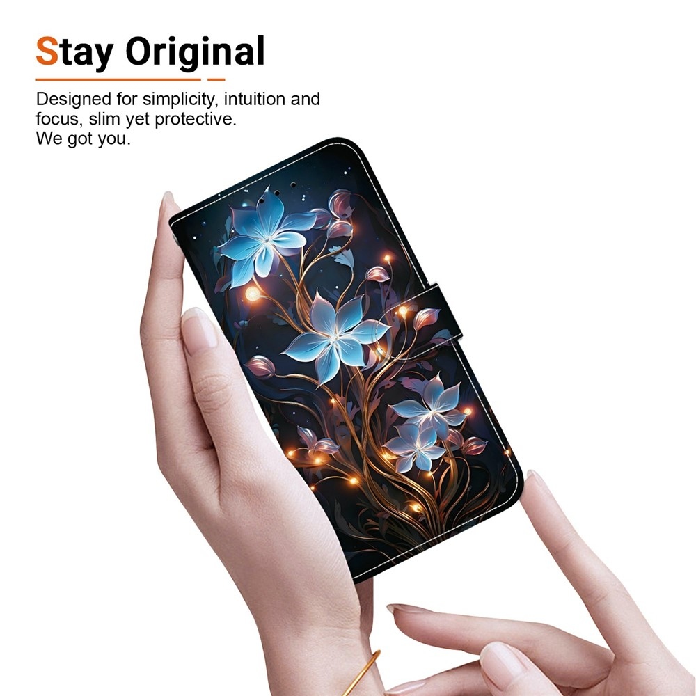Sokoldalú könyvformájú tok a Samsung Galaxy S26 FE-hez – kék virágok