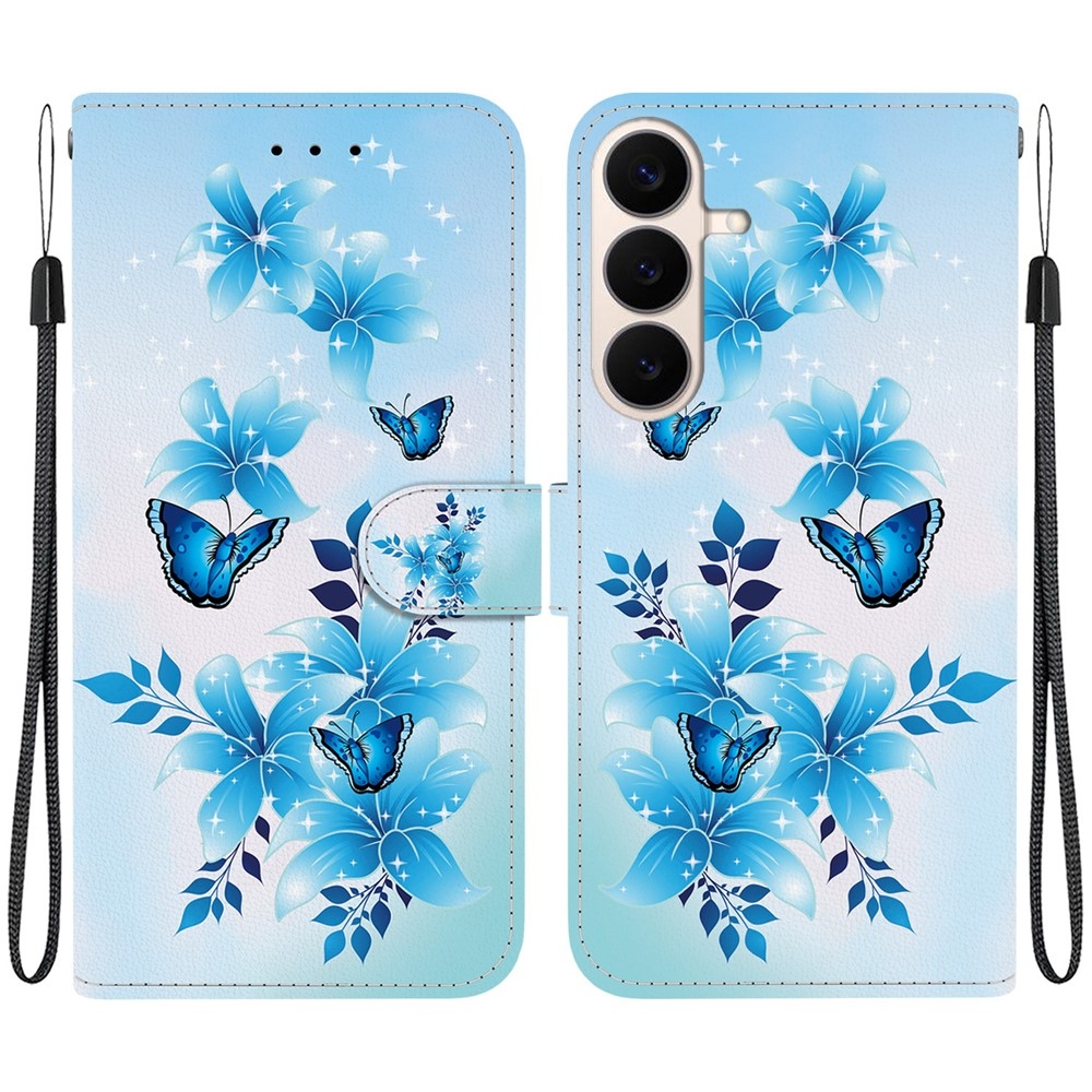 Sokoldalú könyvformájú tok a Samsung Galaxy S26 FE-hez – kék pillangók