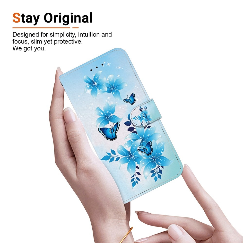 Sokoldalú könyvformájú tok a Samsung Galaxy S26 FE-hez – kék pillangók