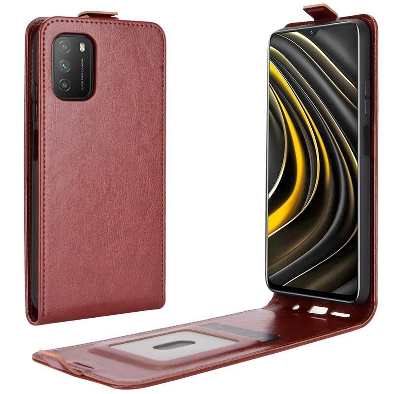 Függőleges PU bőr tok Xiaomi Poco M3-hoz - barna