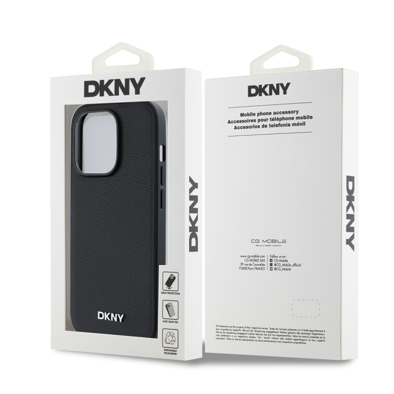 DKNY PU bőr ezüst fém logó Magsafe hátlap iPhone 14 Pro Max-hoz fekete