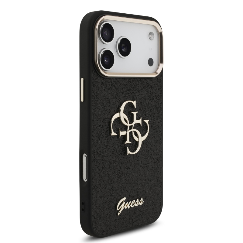 Guess PU Fixed Glitter 4G fémkeret hátsó borító iPhone 17 Pro Max-hoz fekete