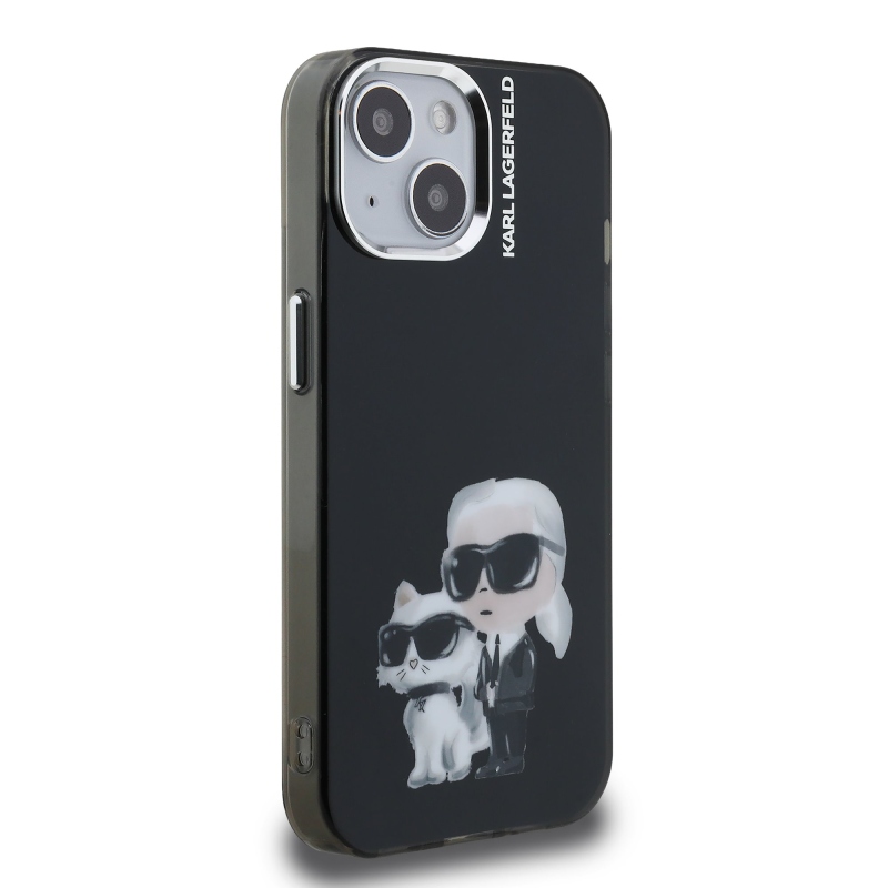 Karl Lagerfeld IML Aquarelle Karl és Choupette hátlapi borító iPhone 15 készülékhez Fekete