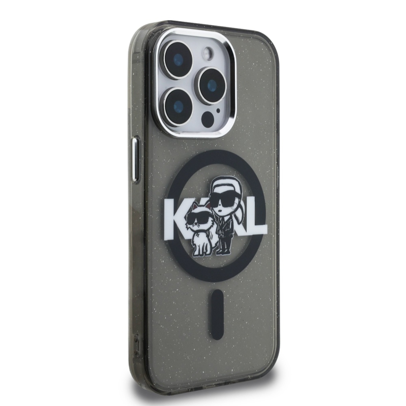Karl Lagerfeld IML Glitter Karl és Choupette Sketch MagSafe hátlapi borító iPhone 15 Pro-hoz Fekete