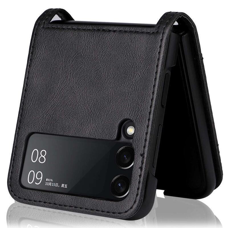 Vintage műanyag borító PU bőrrel borított mobiltelefonra Samsung Galaxy Z Flip4 5G - fekete