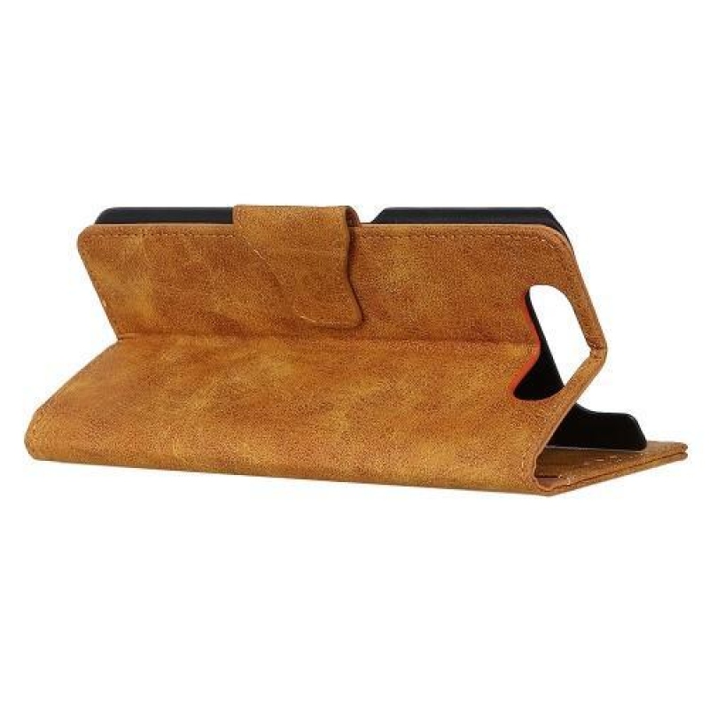 Vintage stílusos PU bőr pénztárca tok állvánnyal Samsung Galaxy A80-hoz - barna