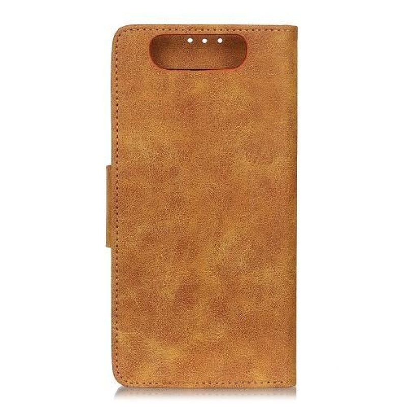 Vintage stílusos PU bőr pénztárca tok állvánnyal Samsung Galaxy A80-hoz - barna