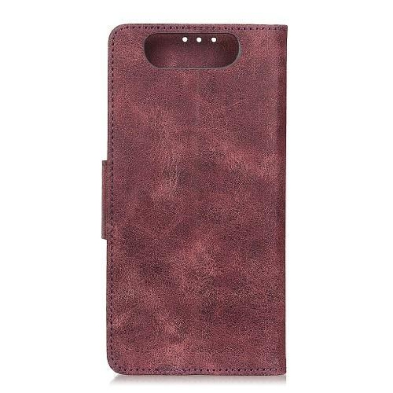 Vintage stílusos PU bőr pénztárca tok állvánnyal Samsung Galaxy A80-hoz - bordó színű