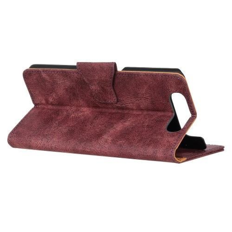 Vintage stílusos PU bőr pénztárca tok állvánnyal Samsung Galaxy A80-hoz - bordó színű