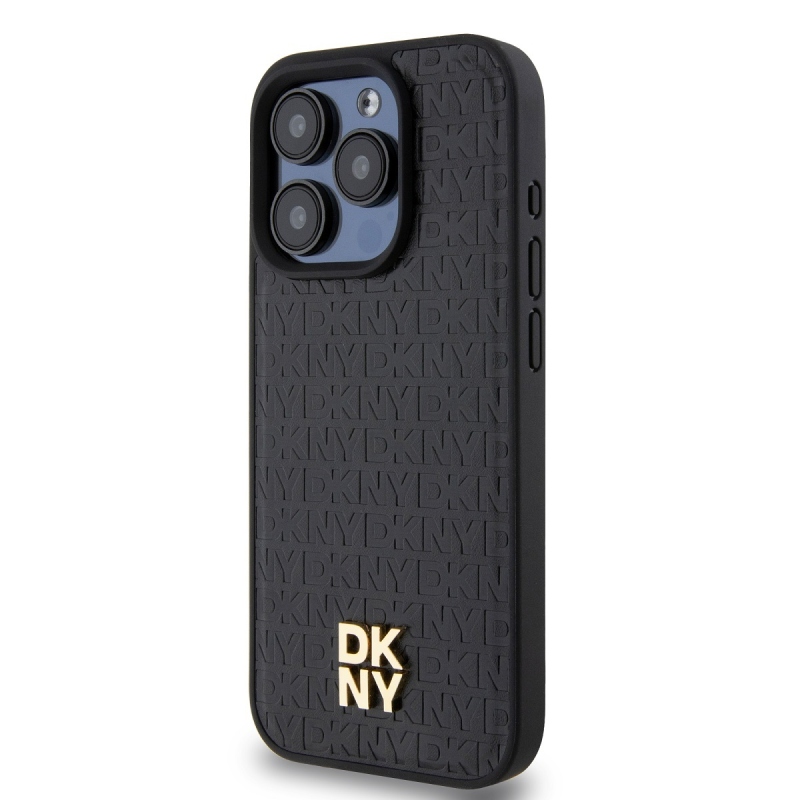 DKNY PU bőr Ismétlődő mintás Stack Logo Magsafe hátlap iPhone 15 Pro Fekete
