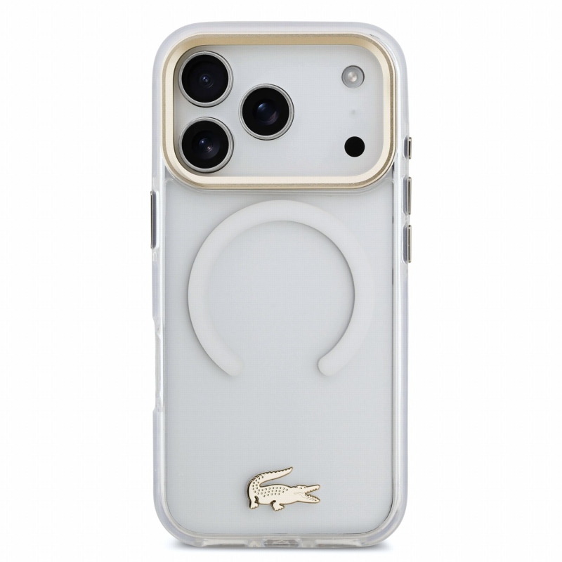 Lacoste IML ütésálló Petit Pique arany logós MagSafe hátsó tok iPhone 18 Pro-hoz, átlátszó