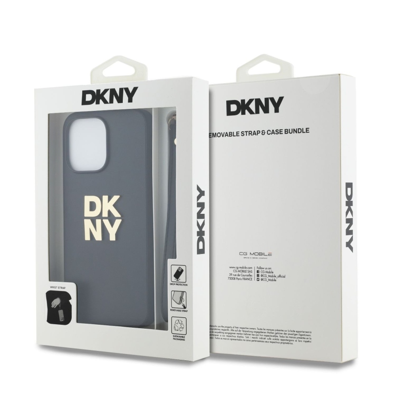 DKNY PU bőr Stack Logo csuklópánt hátlapi borító iPhone 14 Pro Max-hoz Fekete