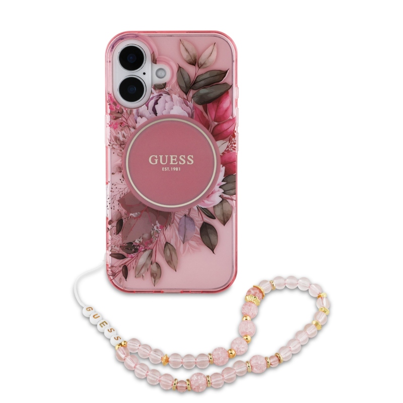 Guess IML Flowers Strap MagSafe hátlapi borító iPhone 16 Plus rózsaszínű készülékhez