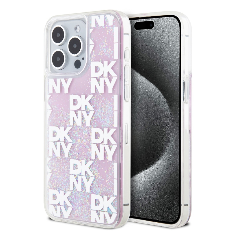 DKNY Liquid Glitter Checkered Pattern hátlapi borító iPhone 15 Pro Max rózsaszínhez
