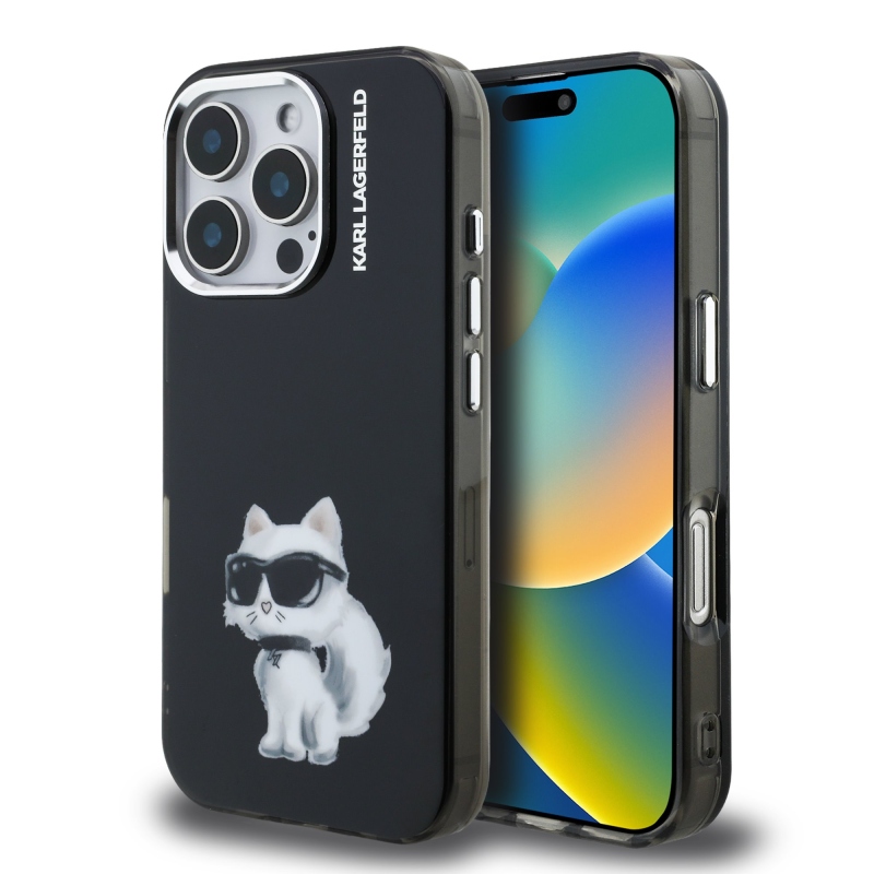 Karl Lagerfeld IML Aquarelle Choupette hátlapi borító iPhone 16 Pro-hoz Fekete