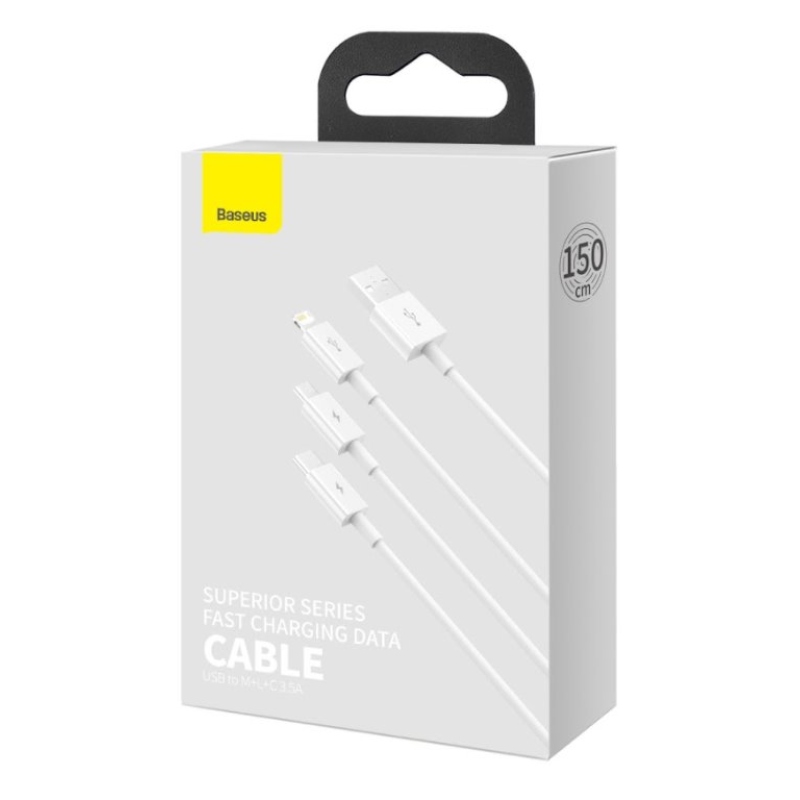 Baseus CAMLTYS-02 Superior Gyors töltő adatkábel 3in1 USB-C, Lightning, MicroUSB 1.5m Fehér