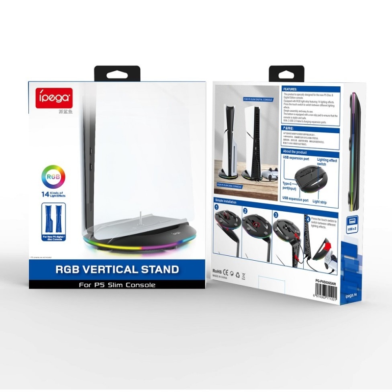 iPega P5S035SAH Függőleges állvány (2xUSB-A) RGB-vel PS5 Slim/PS5 Pro-hoz Fekete