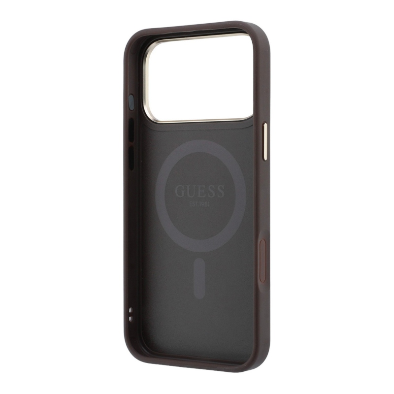Guess PU 4G Ring Stand MagSafe hátsó tok iPhone 18 Pro-hoz, barna