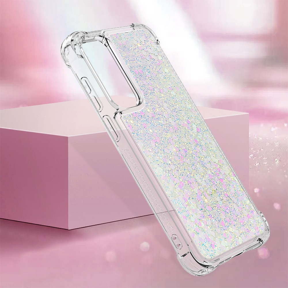 Glitter zselés homokóra tok Samsung Galaxy A55 5G - rózsaszín és ezüst/szívecske