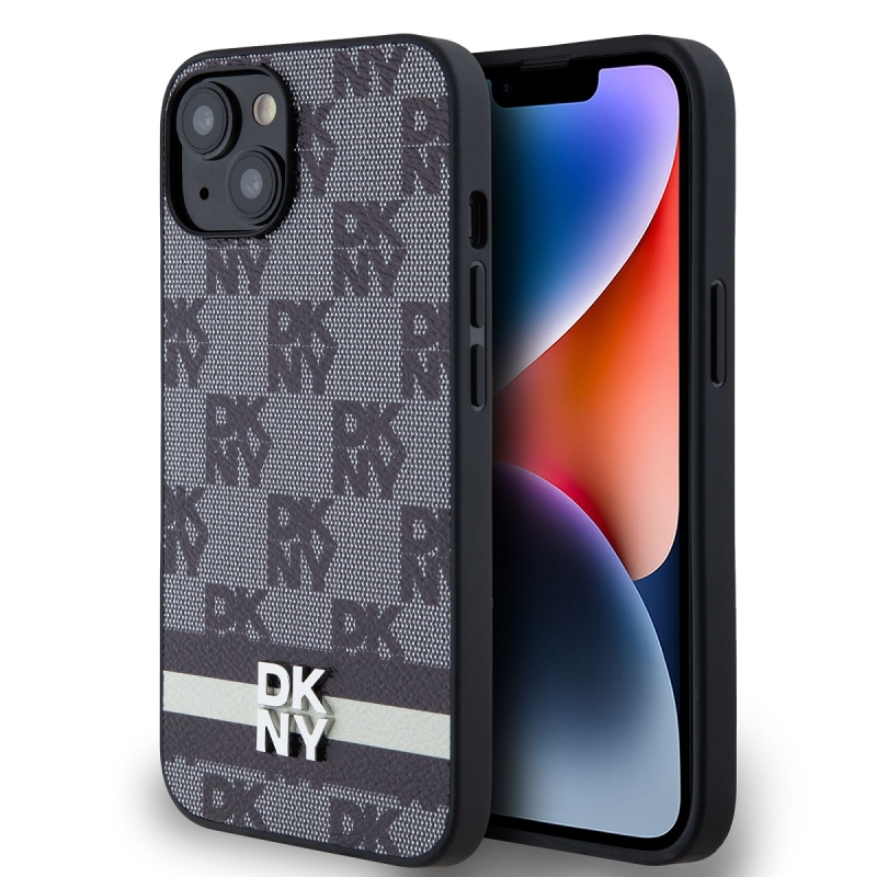 DKNY PU bőrből készült kockás mintás és csíkos hátlapi borító iPhone 14-hez Fekete