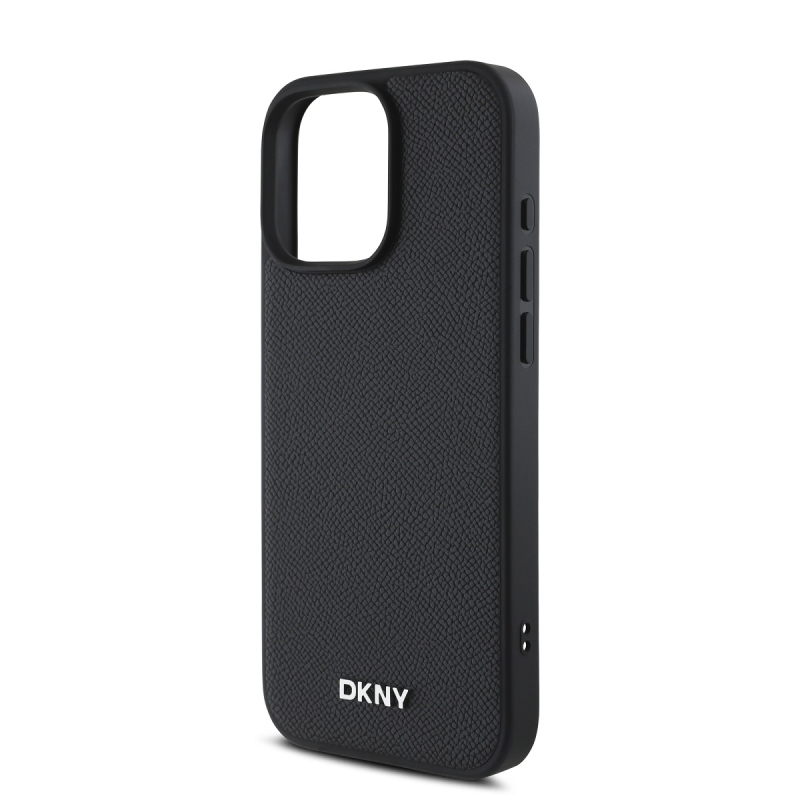 DKNY PU bőr ezüst fém logó Magsafe hátlap iPhone 16 Pro Max-hoz fekete