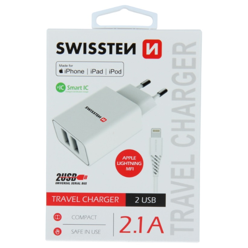 Swissten Smart IC töltő 2x USB 2.1A + USB/Lightning kábel 1.2m - fehér