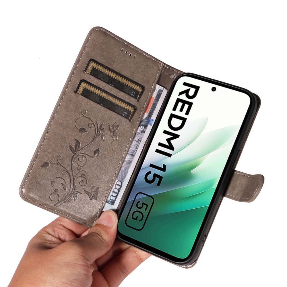 Virágok könyv tok Xiaomi Redmi 15 5G (169mm) - szürke