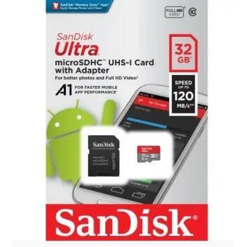 SanDisk Ultra microSDHC 32 GB 120 MB/s A1 Class 10 UHS-I, Android nagysebességű memóriakártya SD adapterrel együtt