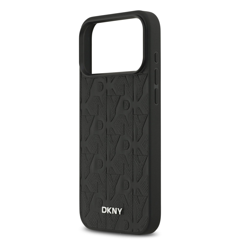DKNY PU bőr rácsmintás Magsafe hátlap iPhone 17 Pro Max-hoz Fekete