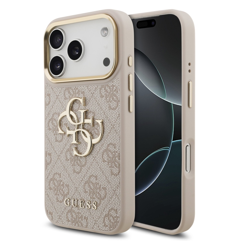 Guess PU bőr 4G fém logós, arany keretes hátsó tok iPhone 18 Pro-hoz, rózsaszín