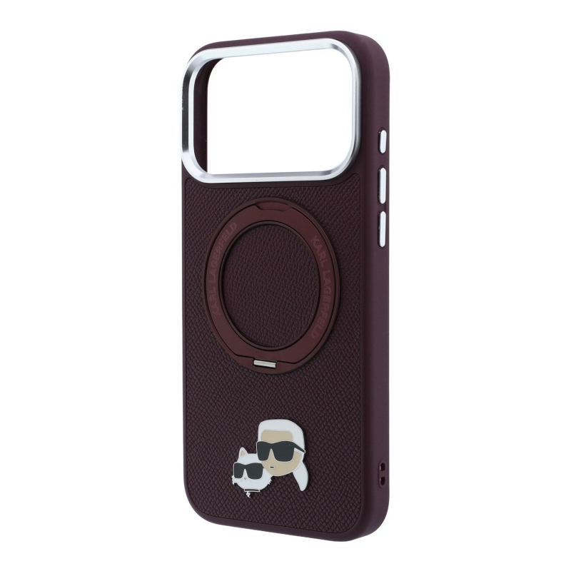 Karl Lagerfeld PU Grained K&CH Heads Ring Stand Magsafe hátsó tok iPhone 18 Pro Max-hoz, bordó