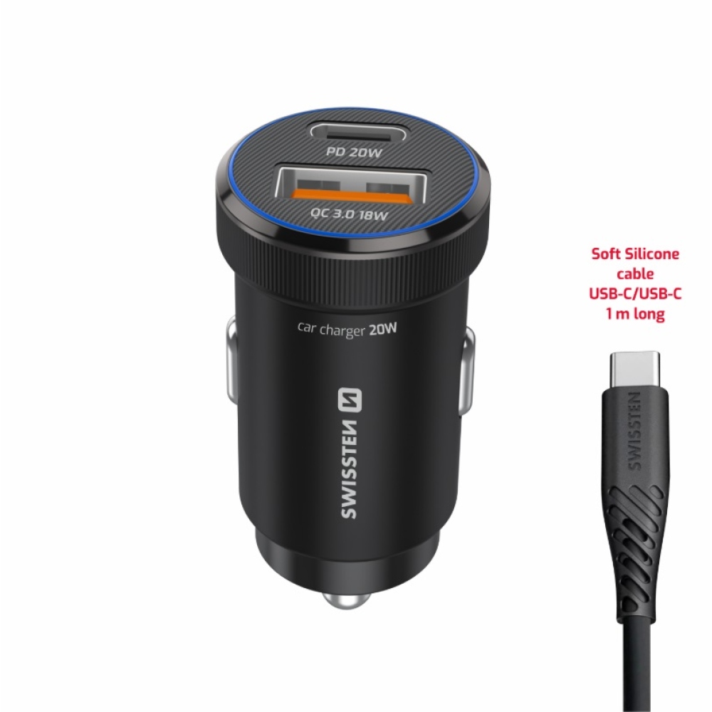 Swissten CL adapter USB-C PD + USB-A, 20W - fekete + USB-C / USB-C kábel, 1m