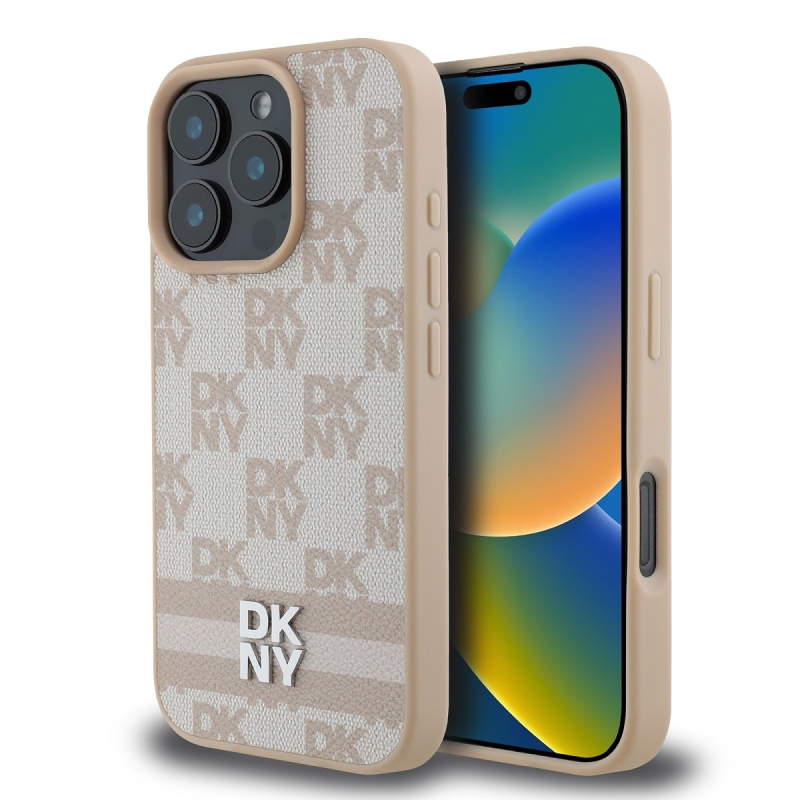 DKNY PU bőr kockás mintás és csíkos hátlapi borító iPhone 16 Pro rózsaszínhez