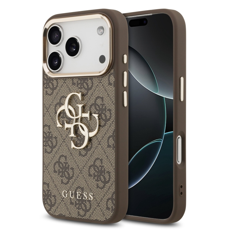 Guess PU bőr 4G fém logó arany keret hátlapi borító iPhone 17 Pro barna barna