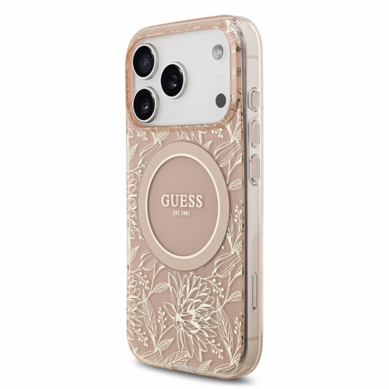 Guess IML Flowers Allover Strap MagSafe hátsó tok iPhone 18 Pro-hoz, rózsaszín