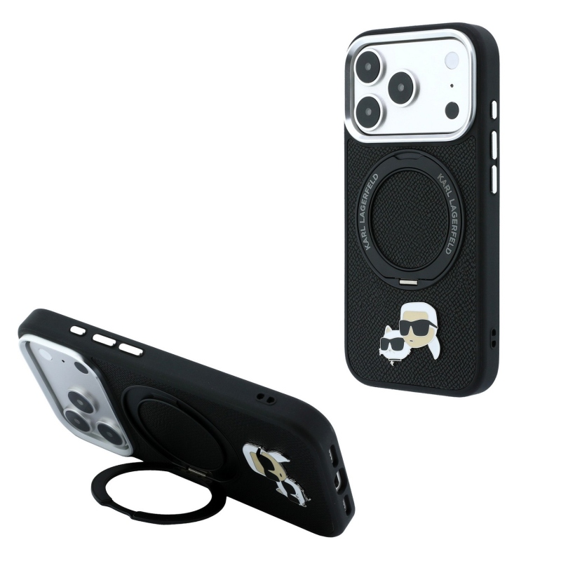 Karl Lagerfeld PU Grained K&CH Heads Ring Stand Magsafe hátsó tok iPhone 18 Pro-hoz, fekete