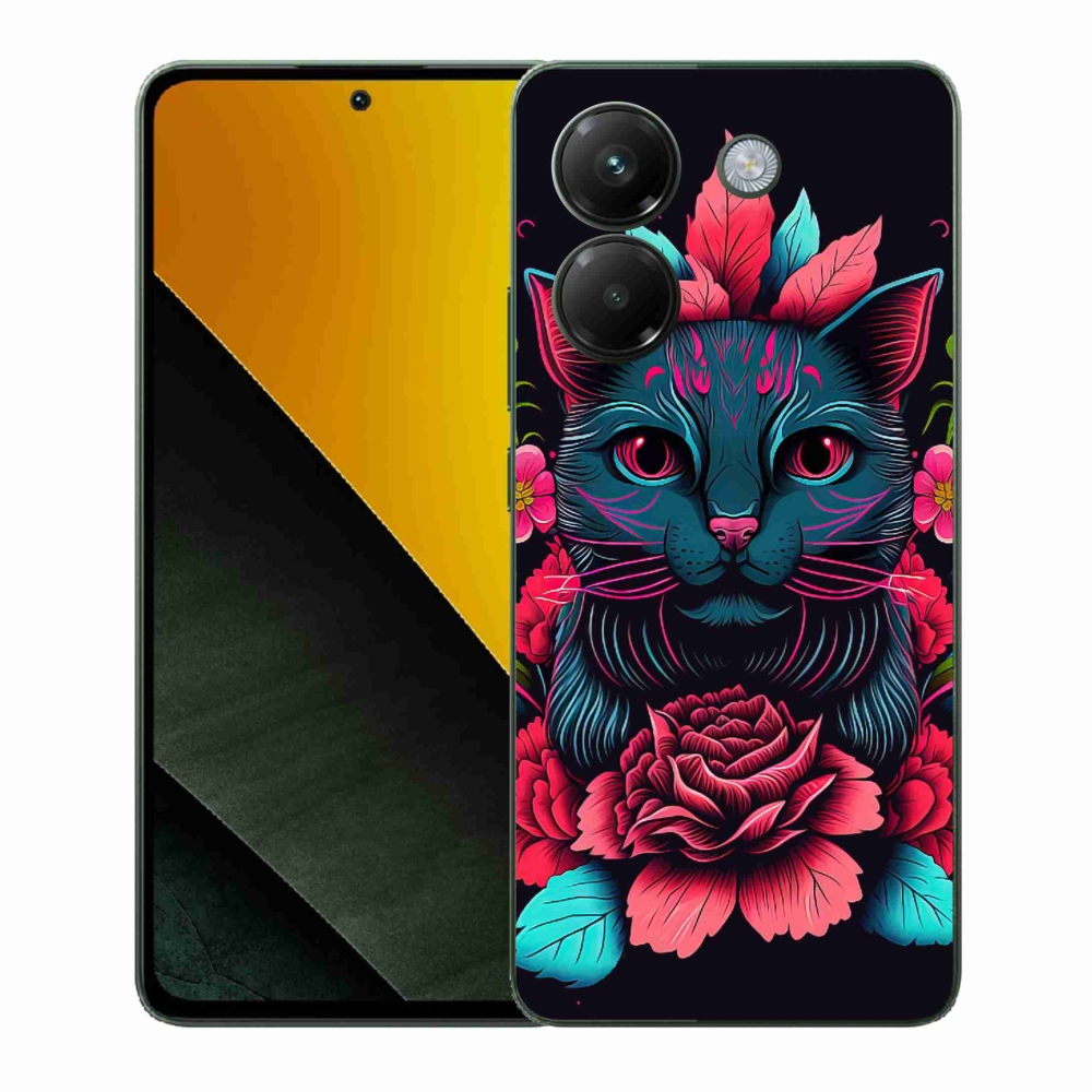 Gél borító mmCase a Xiaomi Poco M7 Pro 5G számára - virágok és macska