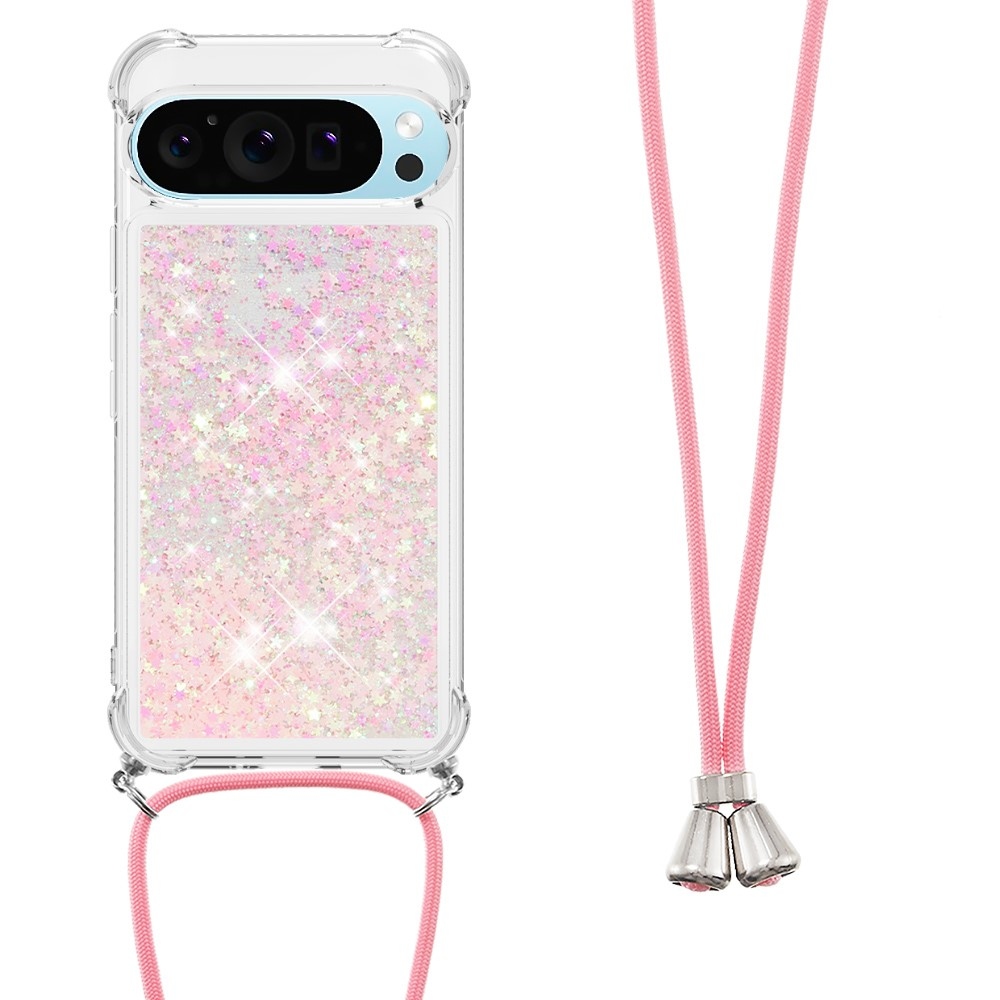 Csillogó homokóra zselés tok zsinórral a Google Pixel 10 Pro/Pixel 10 számára - rózsaszín/csillagok