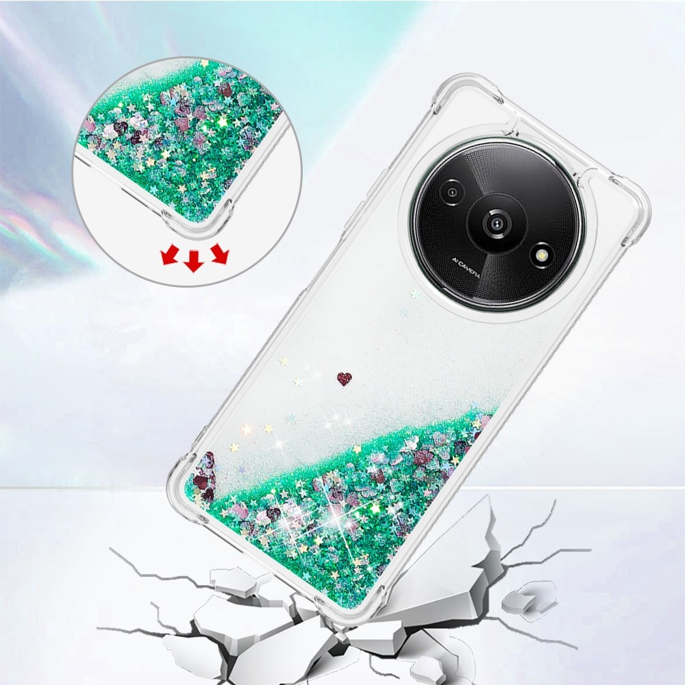 Glitter zselés homokóra tok Xiaomi Redmi A3-hoz - zöld/szívek